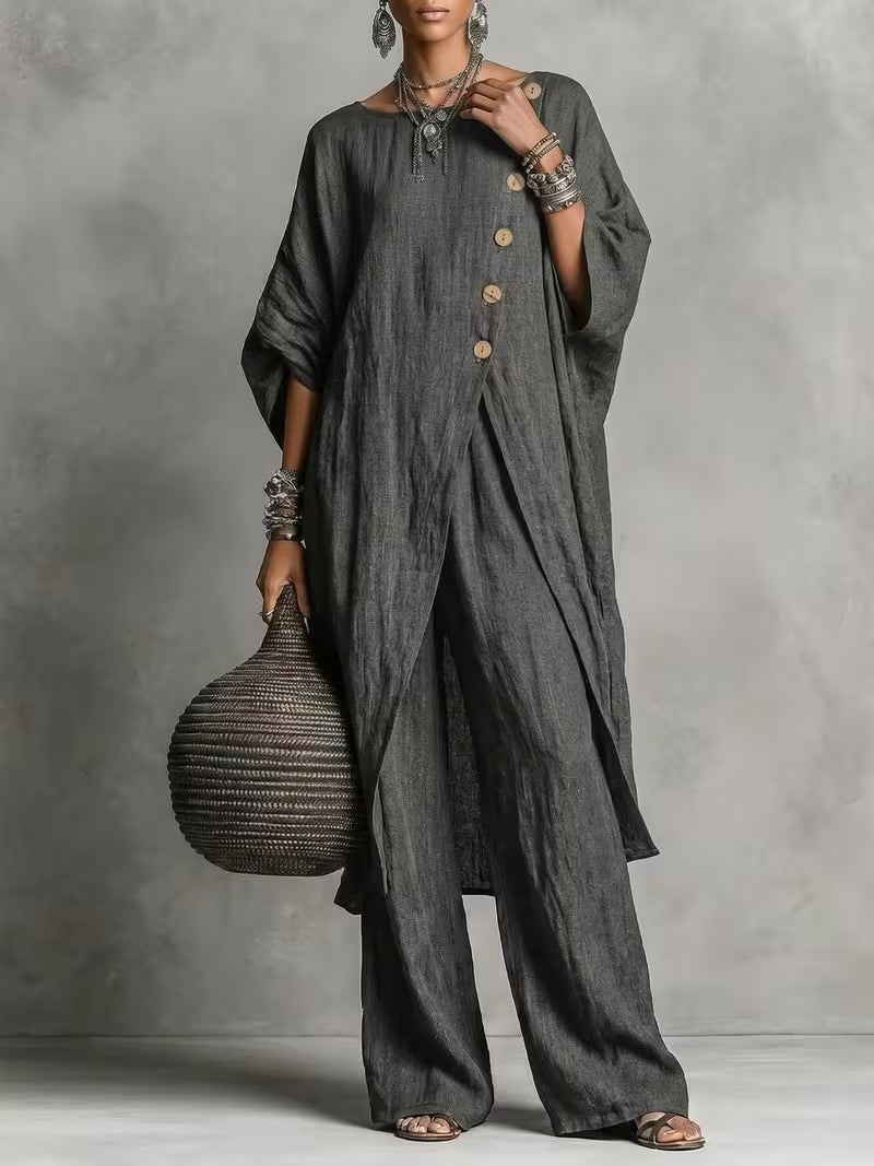 Women's 2-Piece Side Slit Top & Trouser Set – Longline V-Neck Outfit