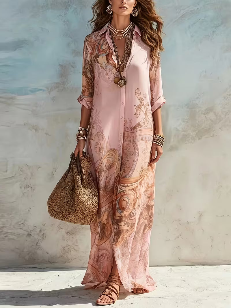 Women's Baroque Floral Print Midi Shirt Dress – Elegant Long Sleeve Button-Front Dress
