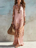 Women's Baroque Floral Print Midi Shirt Dress – Elegant Long Sleeve Button-Front Dress