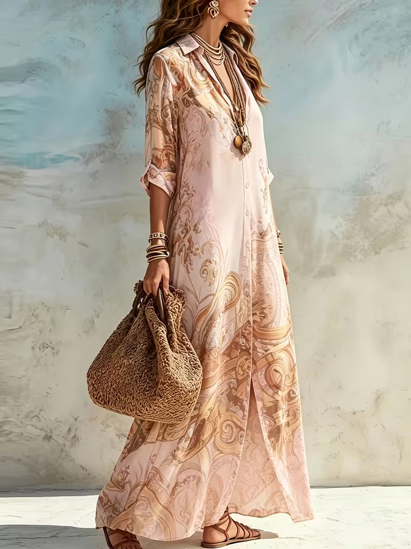 Women's Baroque Floral Print Midi Shirt Dress – Elegant Long Sleeve Button-Front Dress