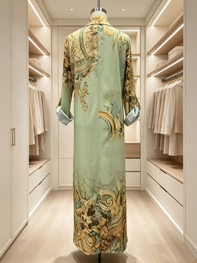 Women's Baroque Floral Print Midi Shirt Dress – Elegant Long Sleeve Button-Front Dress