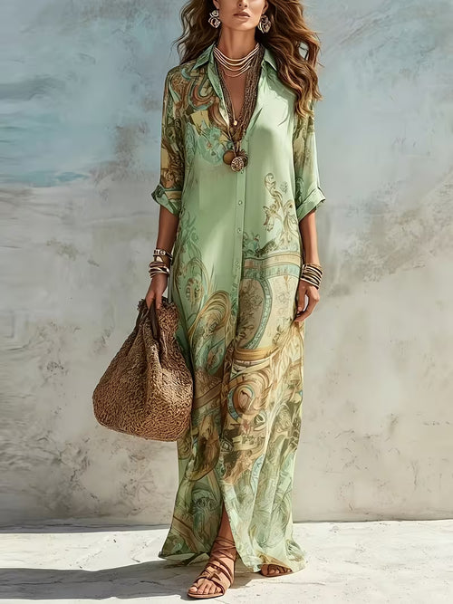 Women's Baroque Floral Print Midi Shirt Dress – Elegant Long Sleeve Button-Front Dress
