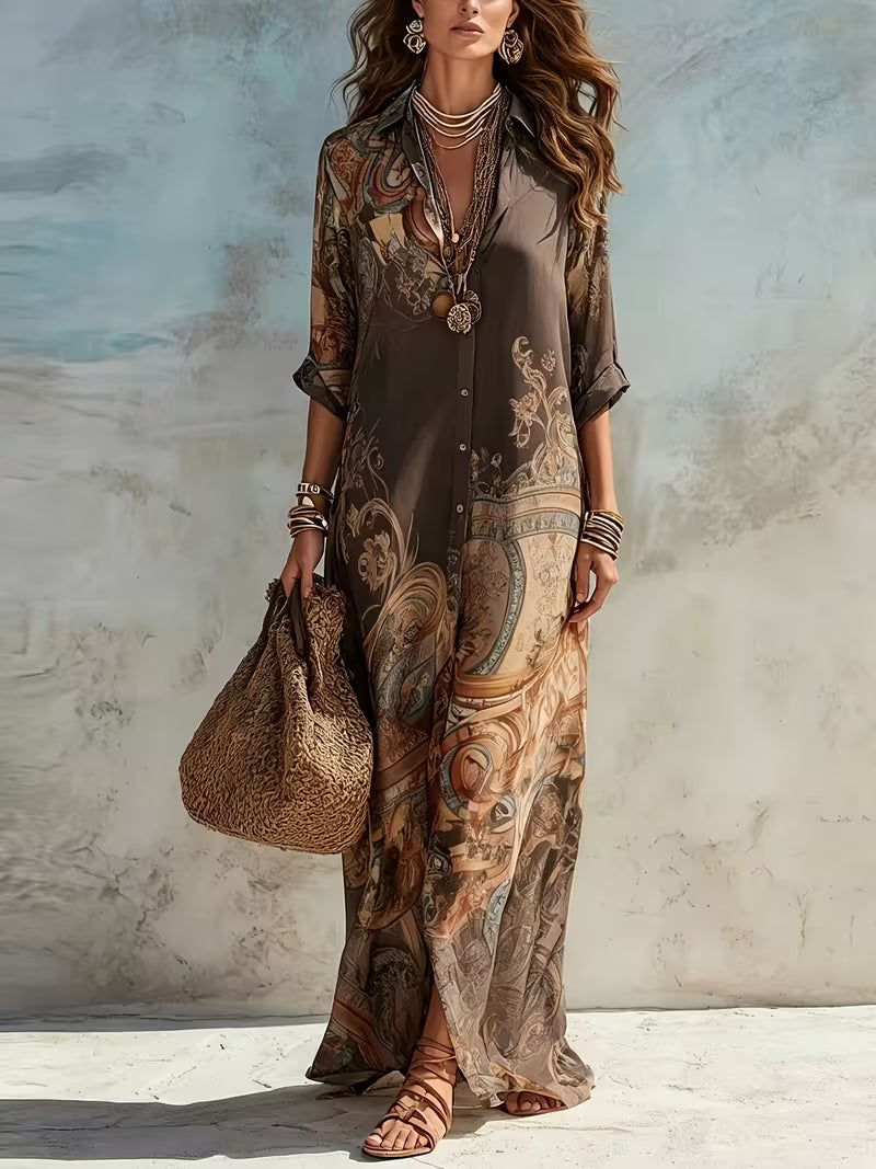 Women's Baroque Floral Print Midi Shirt Dress – Elegant Long Sleeve Button-Front Dress
