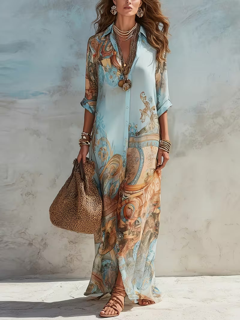 Women's Baroque Floral Print Midi Shirt Dress – Elegant Long Sleeve Button-Front Dress