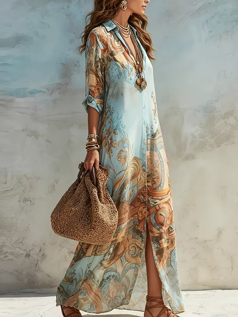 Women's Baroque Floral Print Midi Shirt Dress – Elegant Long Sleeve Button-Front Dress