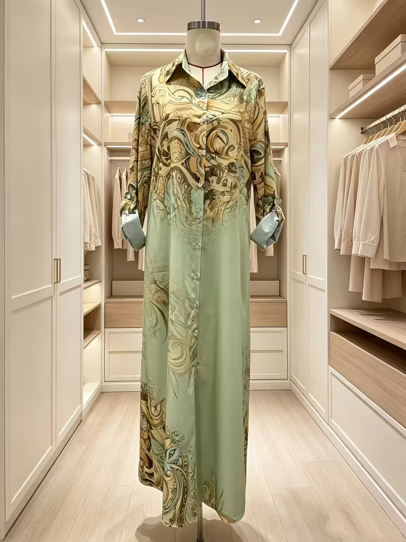 Women's Baroque Floral Print Midi Shirt Dress – Elegant Long Sleeve Button-Front Dress