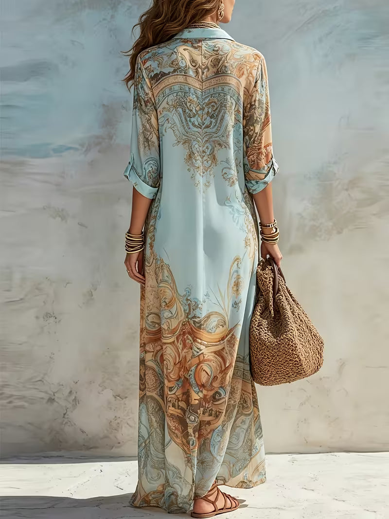 Women's Baroque Floral Print Midi Shirt Dress – Elegant Long Sleeve Button-Front Dress
