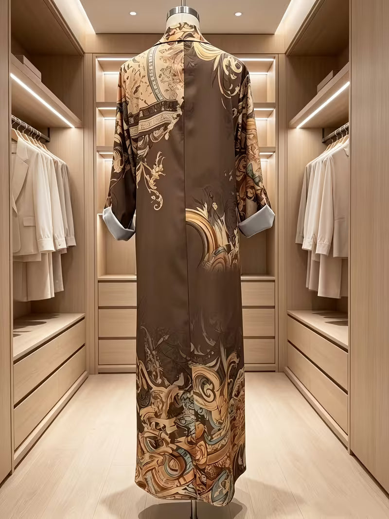 Women's Baroque Floral Print Midi Shirt Dress – Elegant Long Sleeve Button-Front Dress