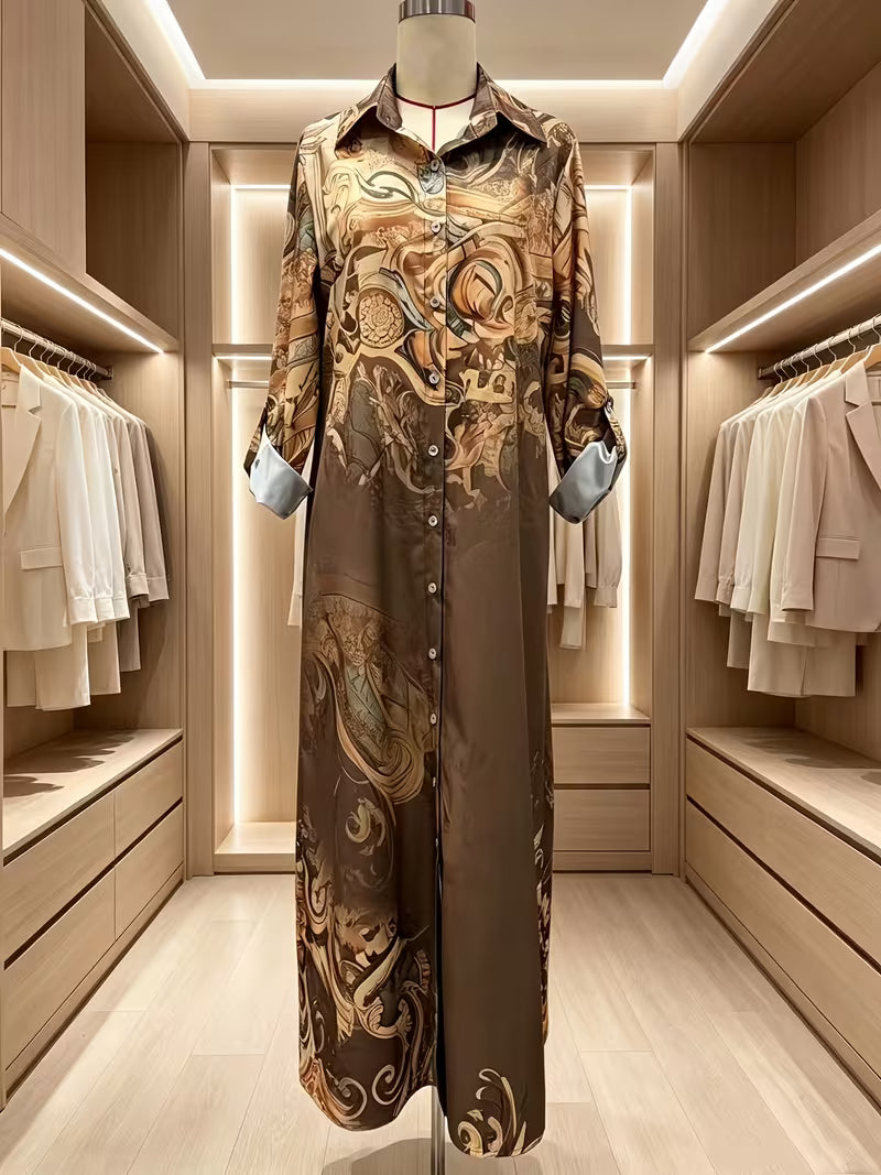 Women's Baroque Floral Print Midi Shirt Dress – Elegant Long Sleeve Button-Front Dress