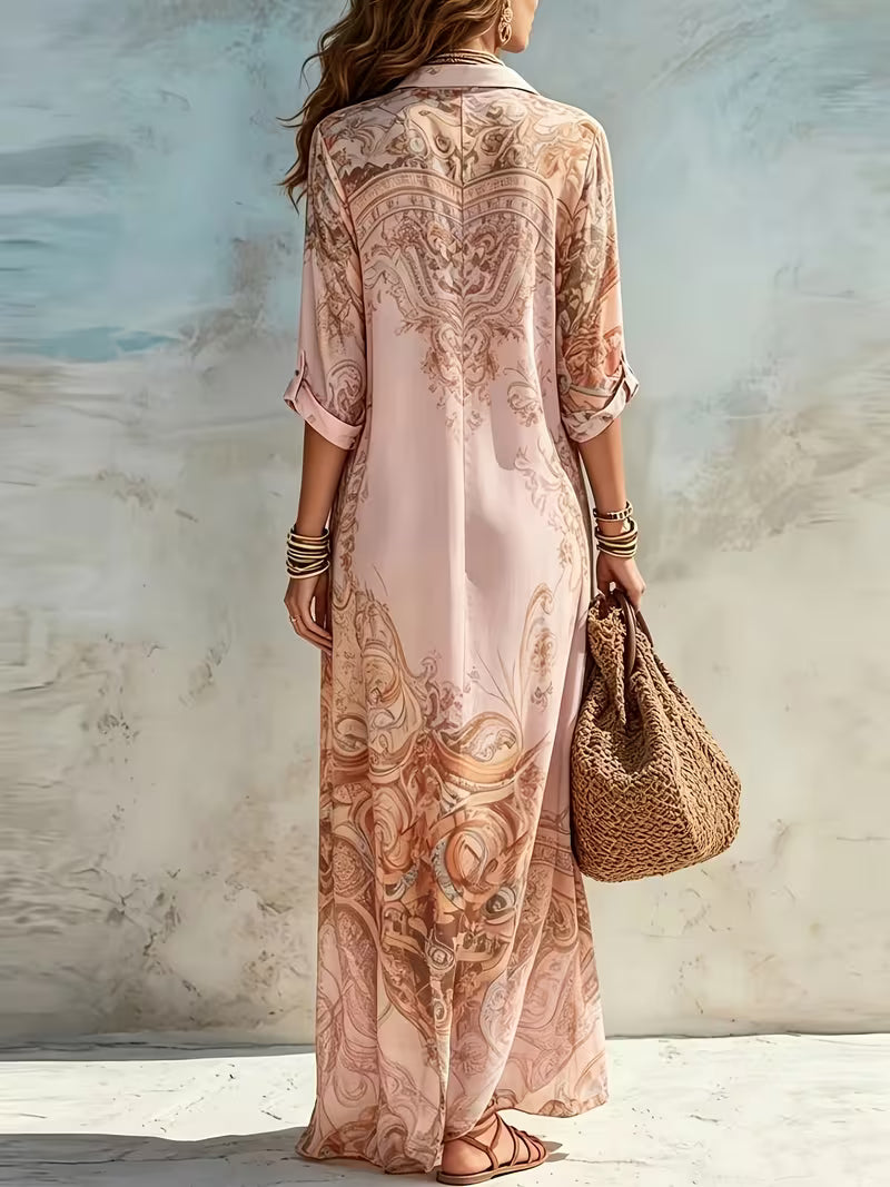 Women's Baroque Floral Print Midi Shirt Dress – Elegant Long Sleeve Button-Front Dress