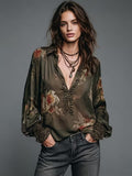 Women's Bohemian Floral Chiffon Blouse – Deep V-Neck Lace Trim Long Sleeve Top