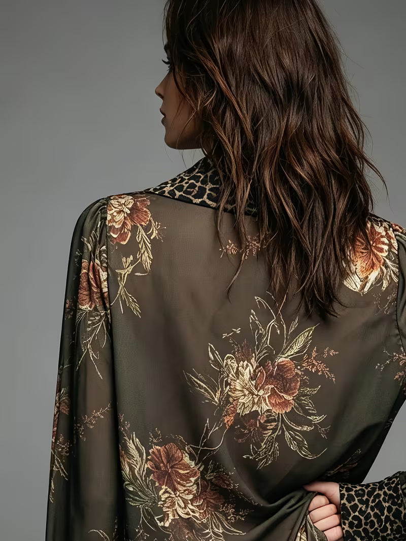 Women's Bohemian Floral Chiffon Blouse – Deep V-Neck Lace Trim Long Sleeve Top