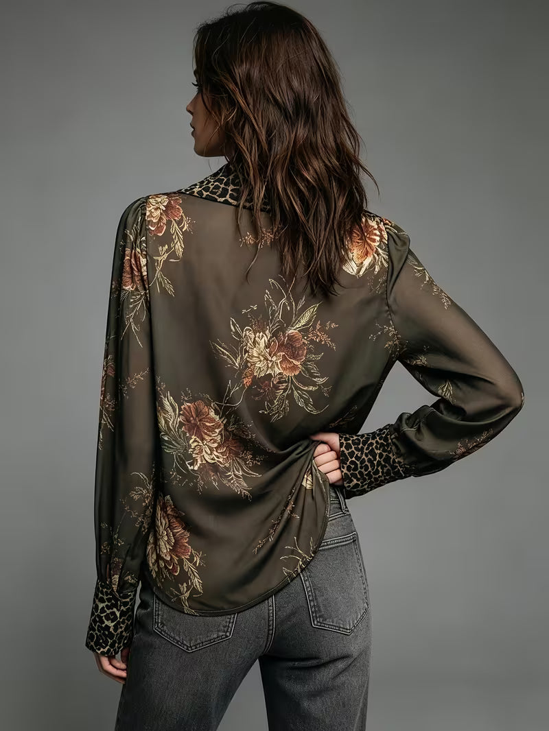 Women's Bohemian Floral Chiffon Blouse – Deep V-Neck Lace Trim Long Sleeve Top