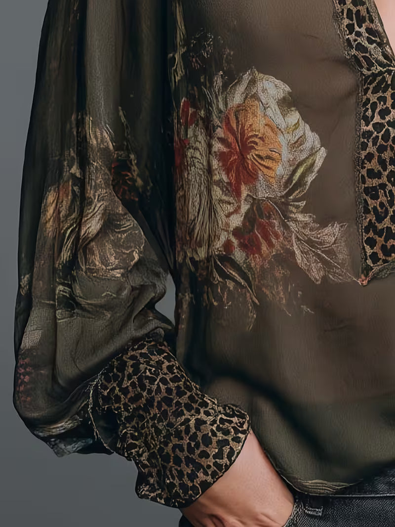 Women's Bohemian Floral Chiffon Blouse – Deep V-Neck Lace Trim Long Sleeve Top