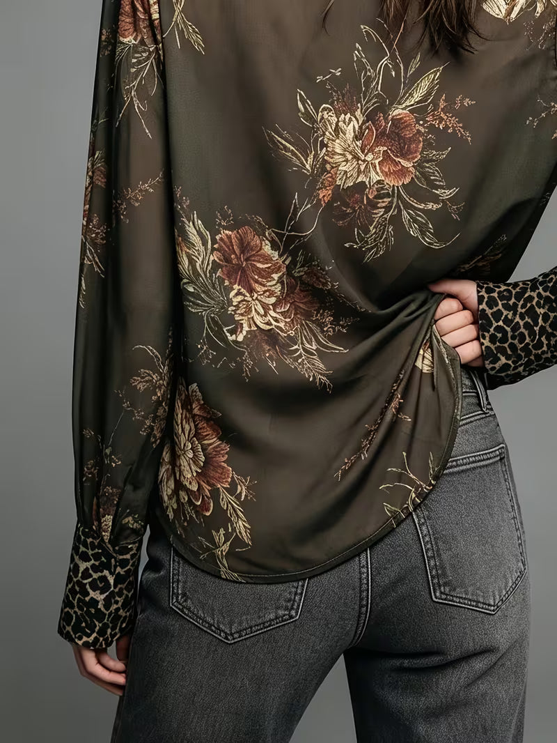 Women's Bohemian Floral Chiffon Blouse – Deep V-Neck Lace Trim Long Sleeve Top