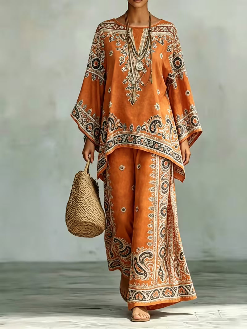 Women's Boho Ethnic Print 2-Piece Pants Set – Loose Batwing Sleeve Outfit