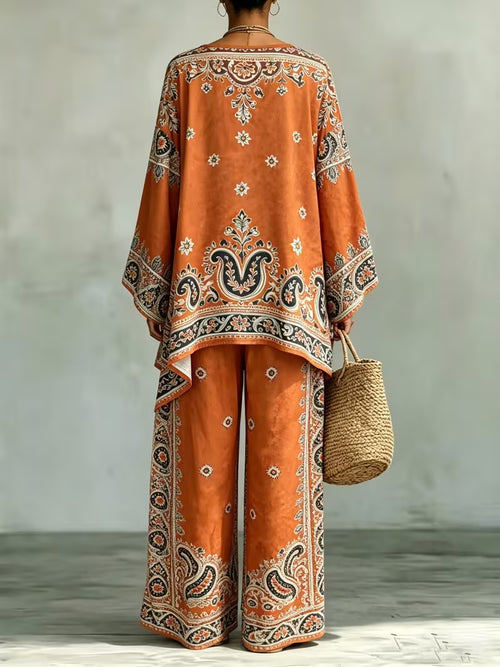 Women's Boho Ethnic Print 2-Piece Pants Set – Loose Batwing Sleeve Outfit