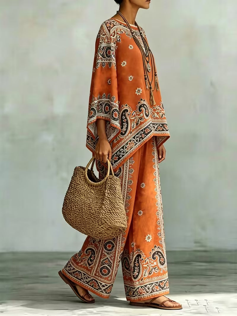 Women's Boho Ethnic Print 2-Piece Pants Set – Loose Batwing Sleeve Outfit