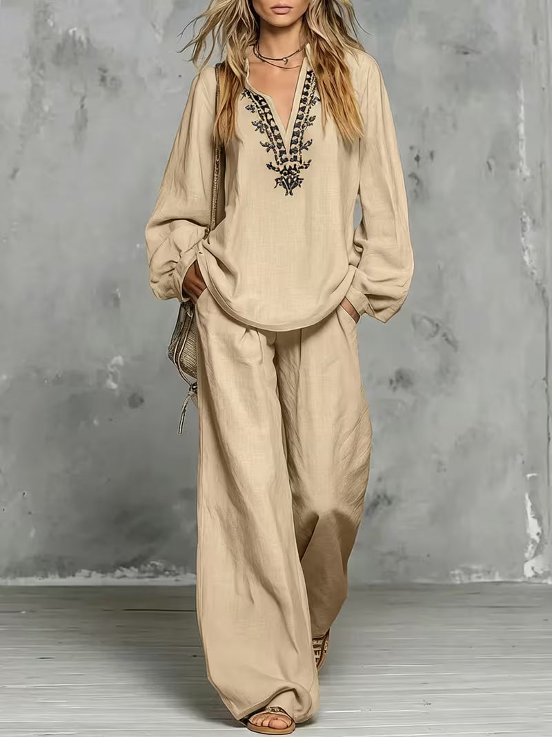 Women's Elegant Embroidered 2-Piece Shirt & Trousers Set – Casual Outfit