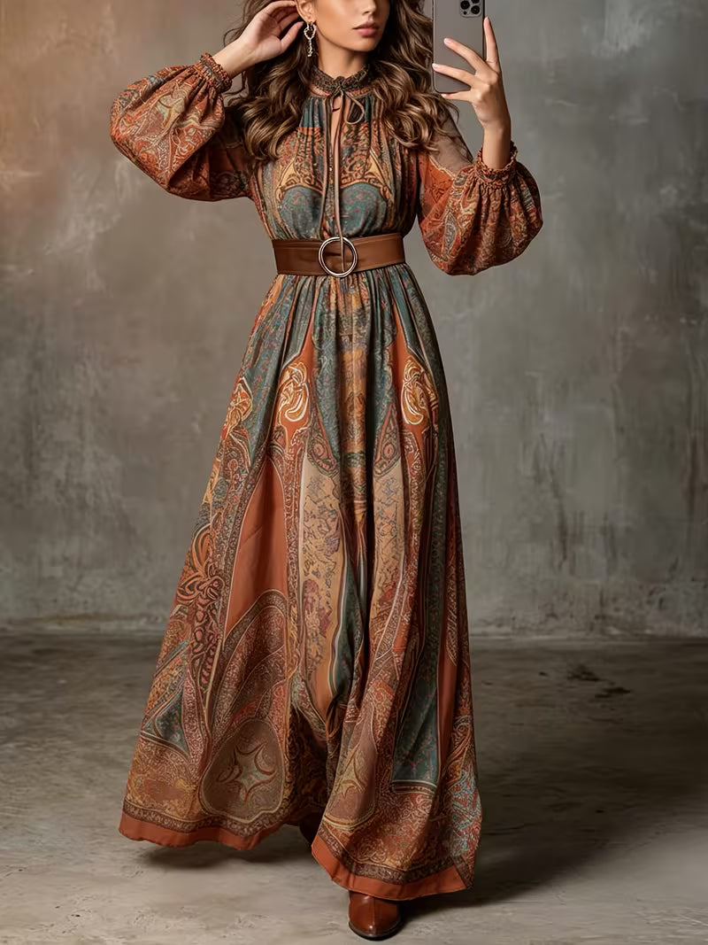 Women's Elegant Printed Maxi Dress – V-Neck Lantern Sleeve Belted Long Dress