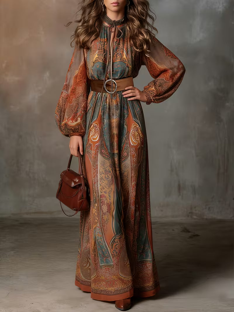 Women's Elegant Printed Maxi Dress – V-Neck Lantern Sleeve Belted Long Dress