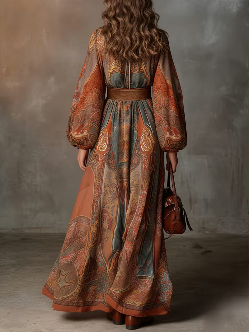 Women's Elegant Printed Maxi Dress – V-Neck Lantern Sleeve Belted Long Dress