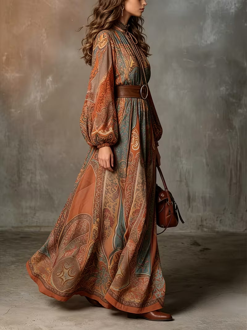 Women's Elegant Printed Maxi Dress – V-Neck Lantern Sleeve Belted Long Dress