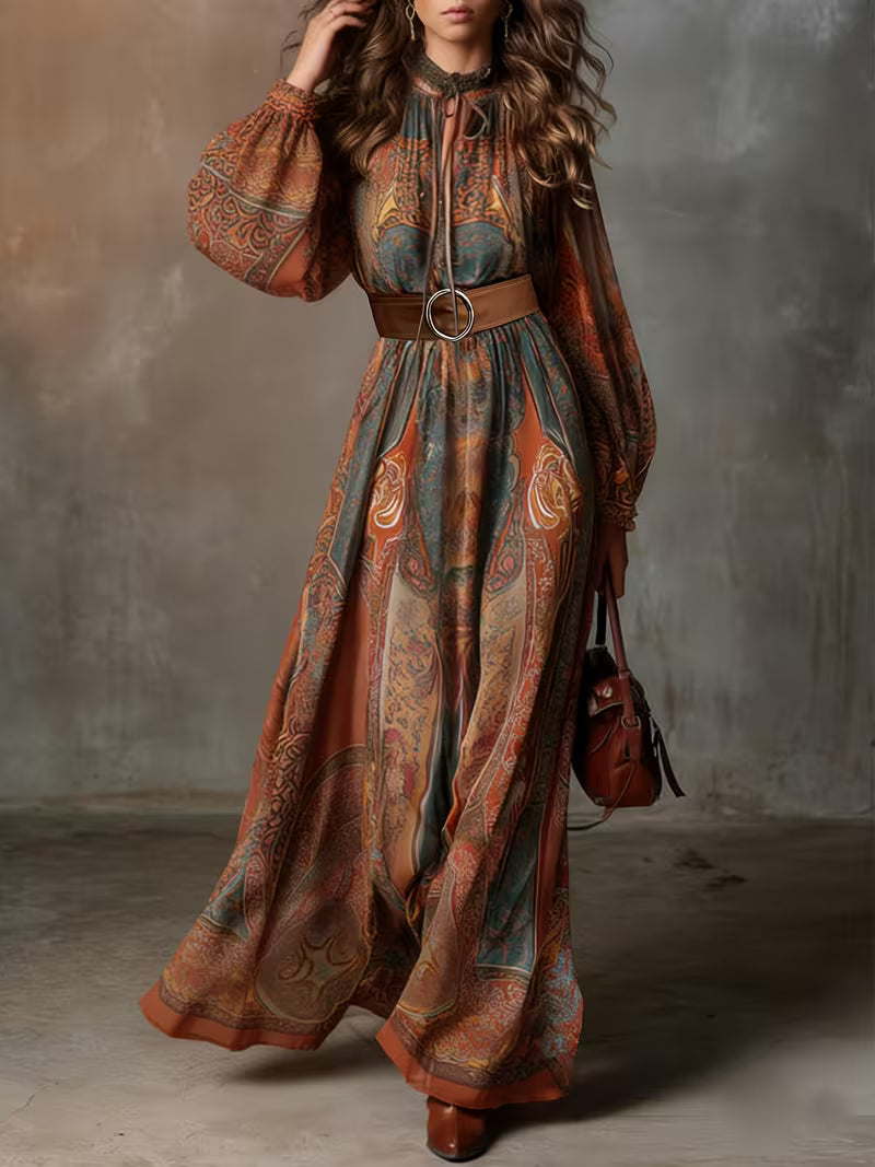 Women's Elegant Printed Maxi Dress – V-Neck Lantern Sleeve Belted Long Dress