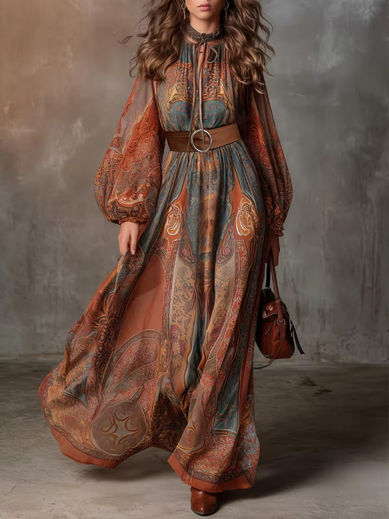 Women's Elegant Printed Maxi Dress – V-Neck Lantern Sleeve Belted Long Dress