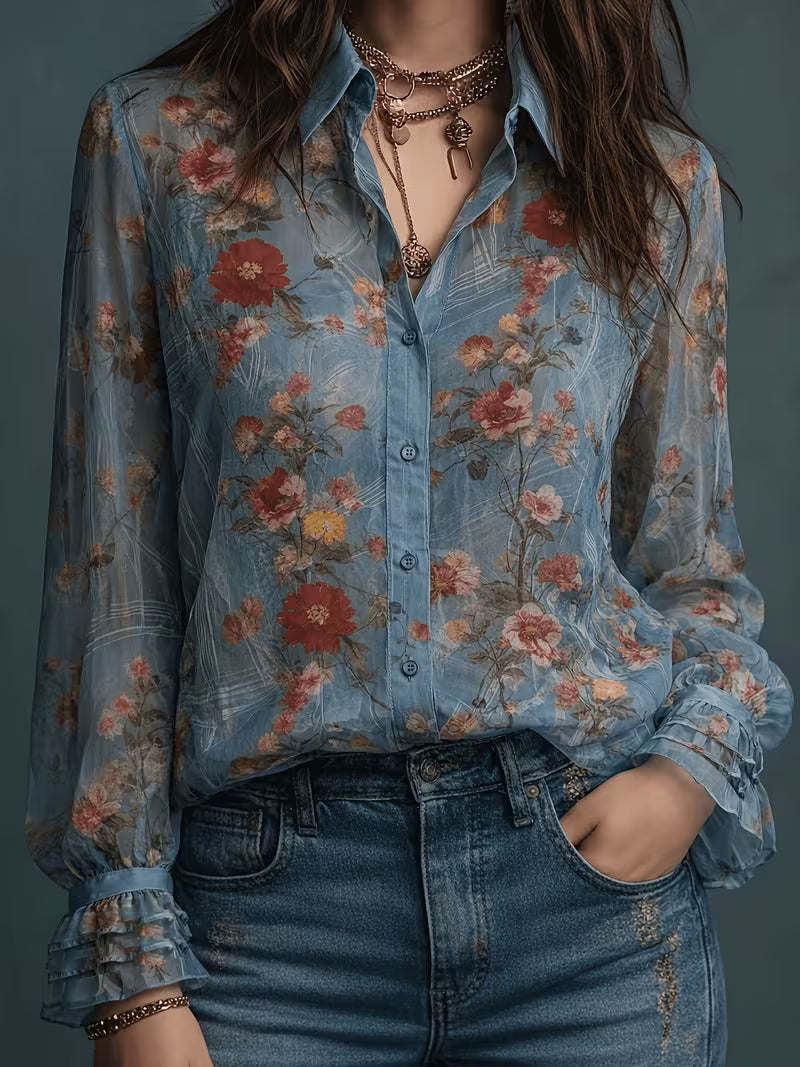 Women's Floral Chiffon Button-Up Blouse – Elegant Semi-Sheer Long Sleeve Shirt