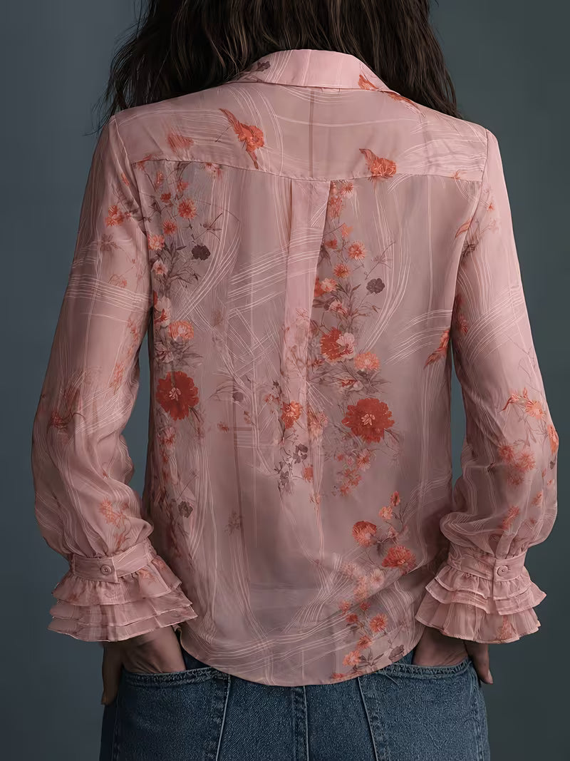 Women's Floral Chiffon Button-Up Blouse – Elegant Semi-Sheer Long Sleeve Shirt