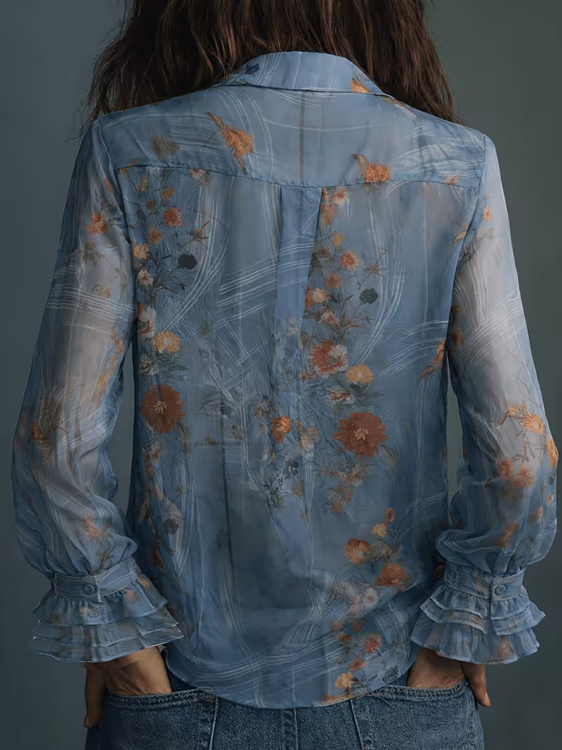 Women's Floral Chiffon Button-Up Blouse – Elegant Semi-Sheer Long Sleeve Shirt