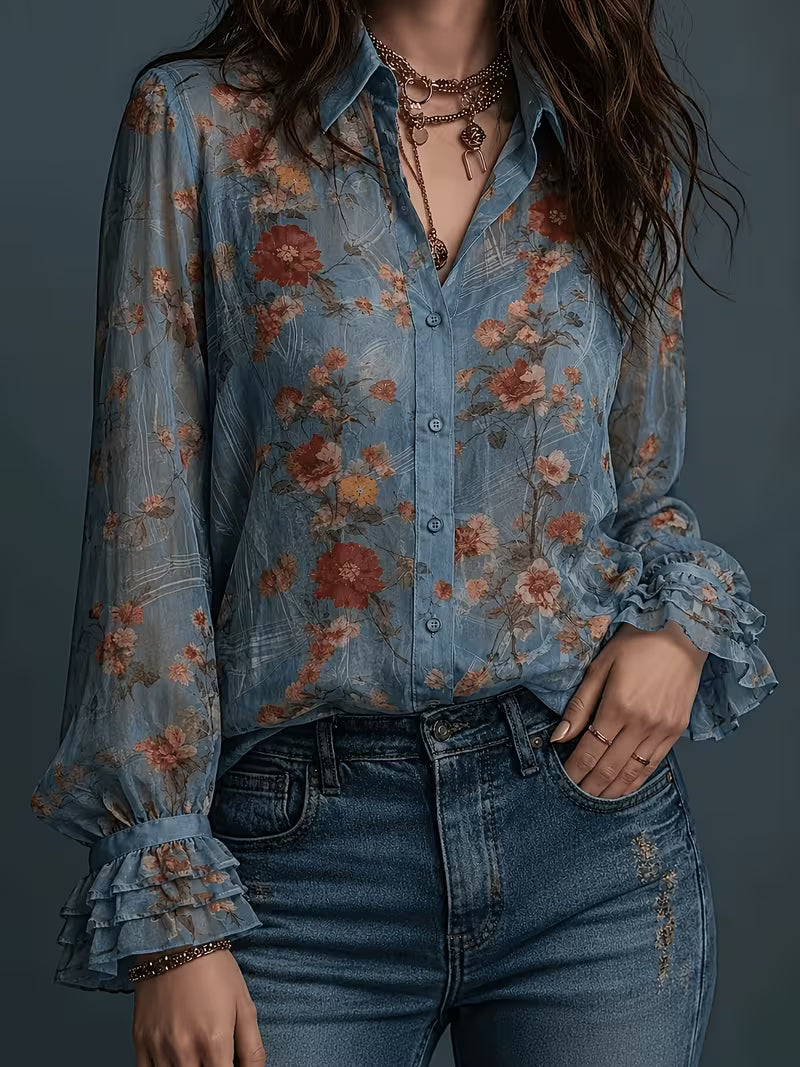 Women's Floral Chiffon Button-Up Blouse – Elegant Semi-Sheer Long Sleeve Shirt