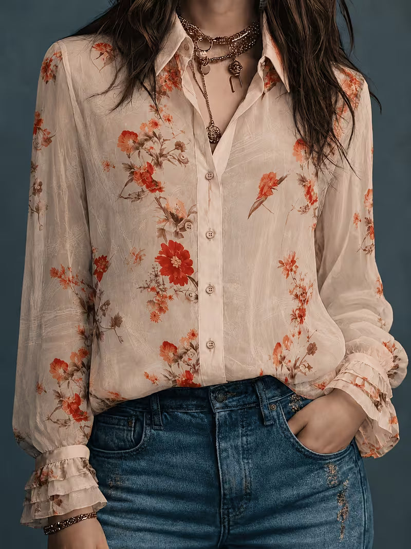 Women's Floral Chiffon Button-Up Blouse – Elegant Semi-Sheer Long Sleeve Shirt
