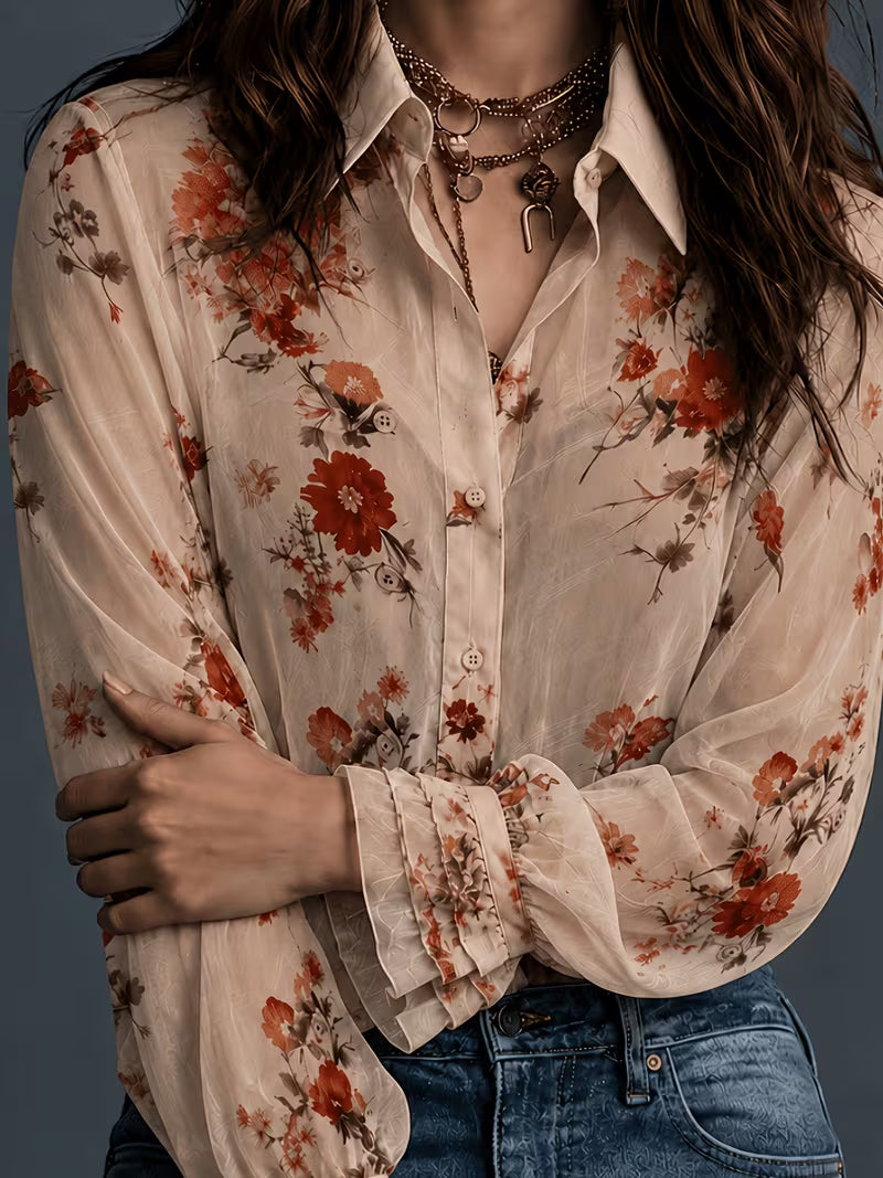 Women's Floral Chiffon Button-Up Blouse – Elegant Semi-Sheer Long Sleeve Shirt
