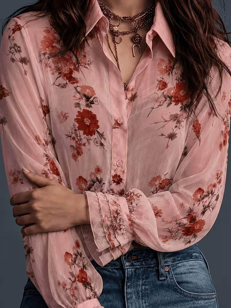 Women's Floral Chiffon Button-Up Blouse – Elegant Semi-Sheer Long Sleeve Shirt