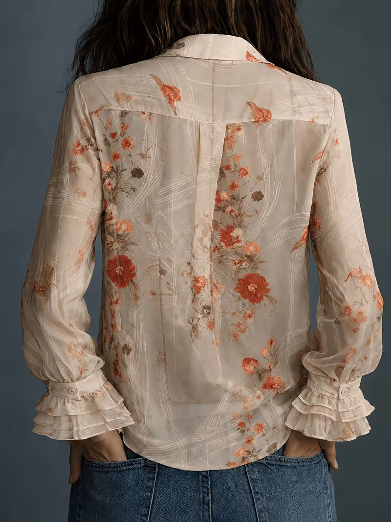 Women's Floral Chiffon Button-Up Blouse – Elegant Semi-Sheer Long Sleeve Shirt