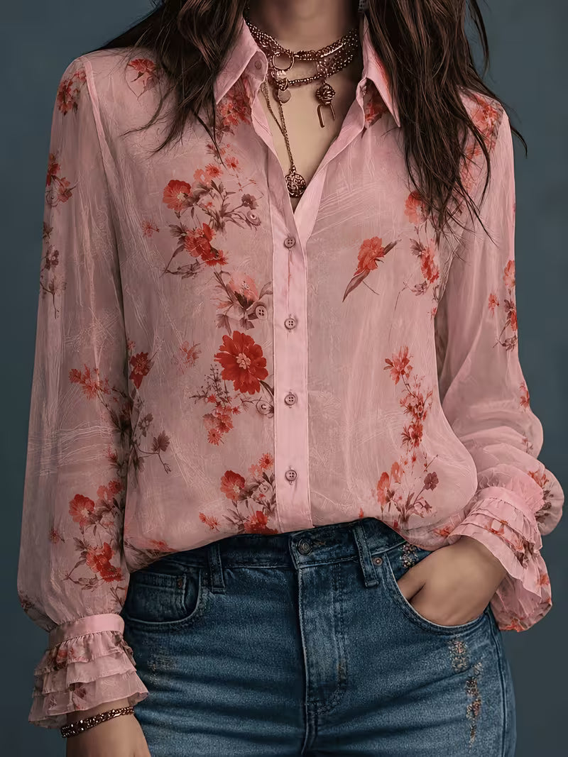 Women's Floral Chiffon Button-Up Blouse – Elegant Semi-Sheer Long Sleeve Shirt