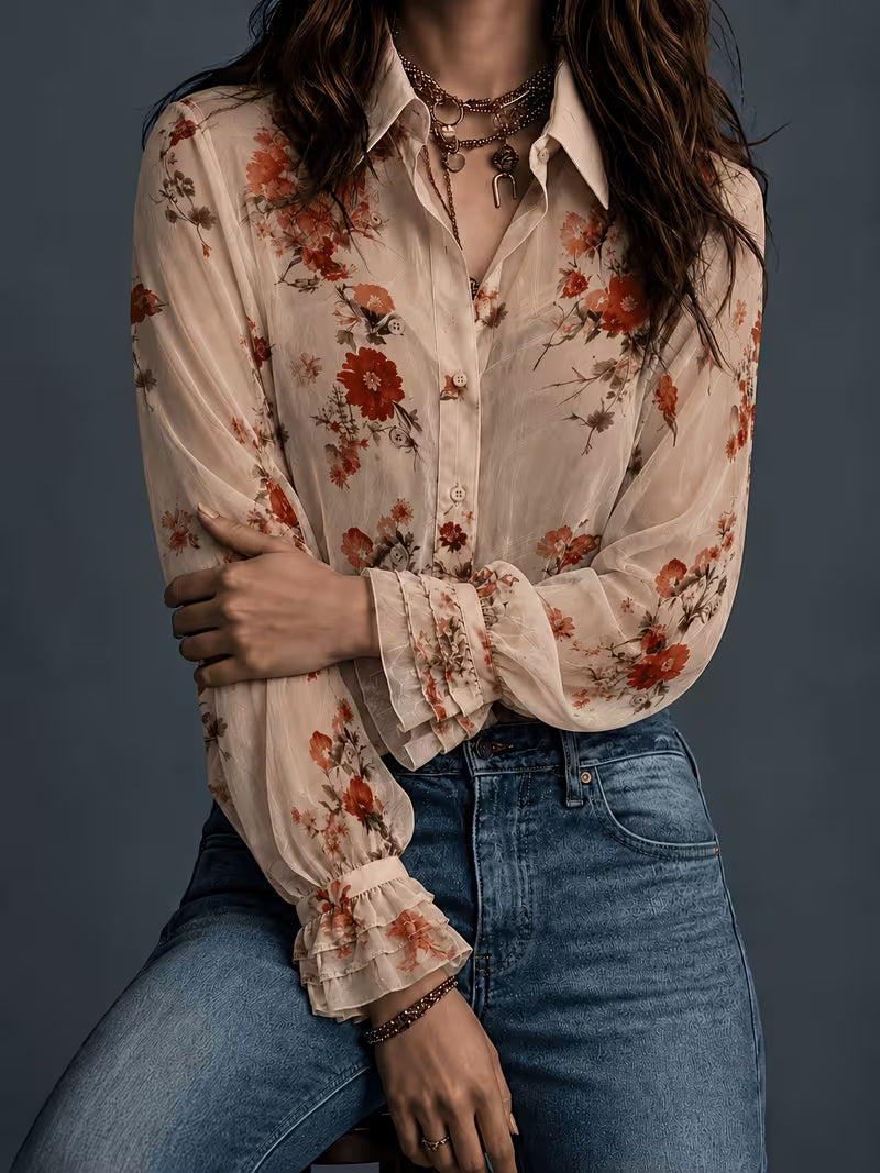 Women's Floral Chiffon Button-Up Blouse – Elegant Semi-Sheer Long Sleeve Shirt