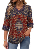Women's Lace Trim V-Neck Top – Casual 34 Sleeve Printed T-Shirt