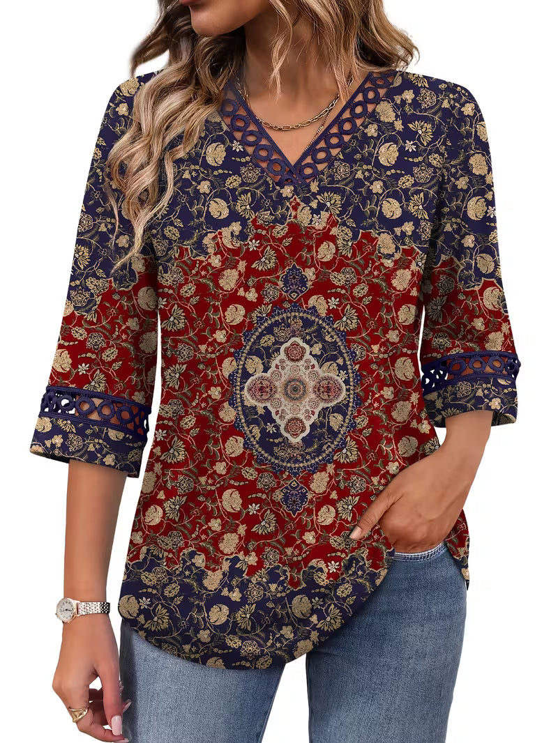 Women's Lace Trim V-Neck Top – Casual 34 Sleeve Printed T-Shirt