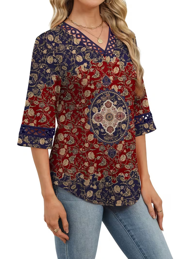 Women's Lace Trim V-Neck Top – Casual 34 Sleeve Printed T-Shirt