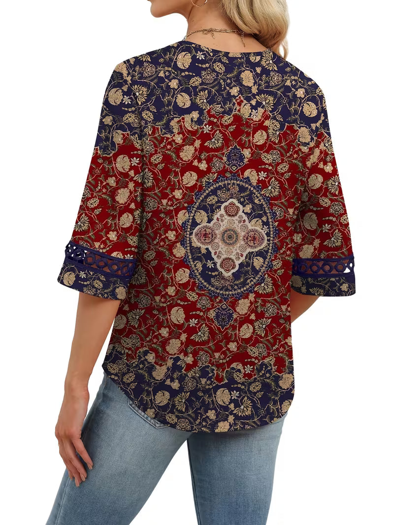 Women's Lace Trim V-Neck Top – Casual 34 Sleeve Printed T-Shirt