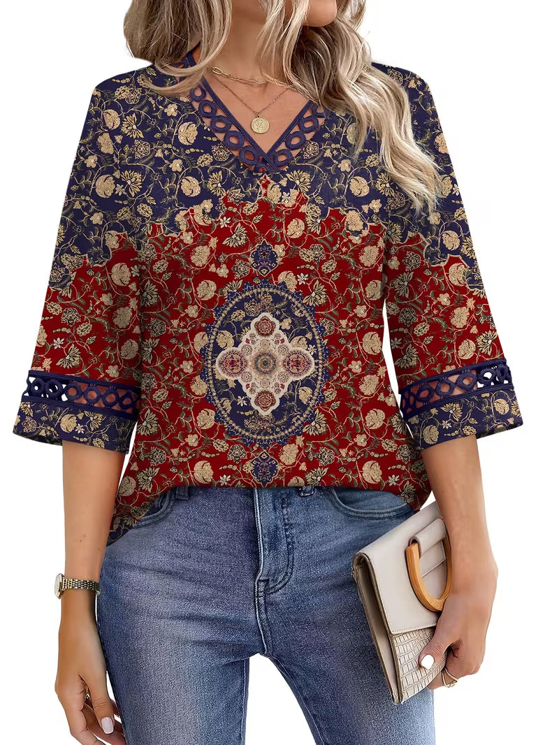 Women's Lace Trim V-Neck Top – Casual 34 Sleeve Printed T-Shirt