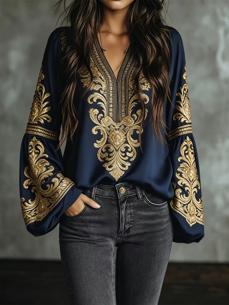 Women's Luxury Baroque Embroidered V-Neck Blouse – Lantern Sleeve Vintage Shirt