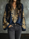 Women's Luxury Baroque Embroidered V-Neck Blouse – Lantern Sleeve Vintage Shirt