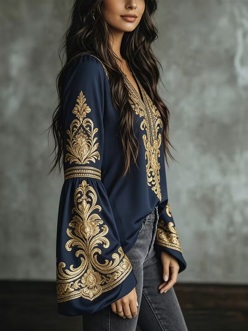 Women's Luxury Baroque Embroidered V-Neck Blouse – Lantern Sleeve Vintage Shirt