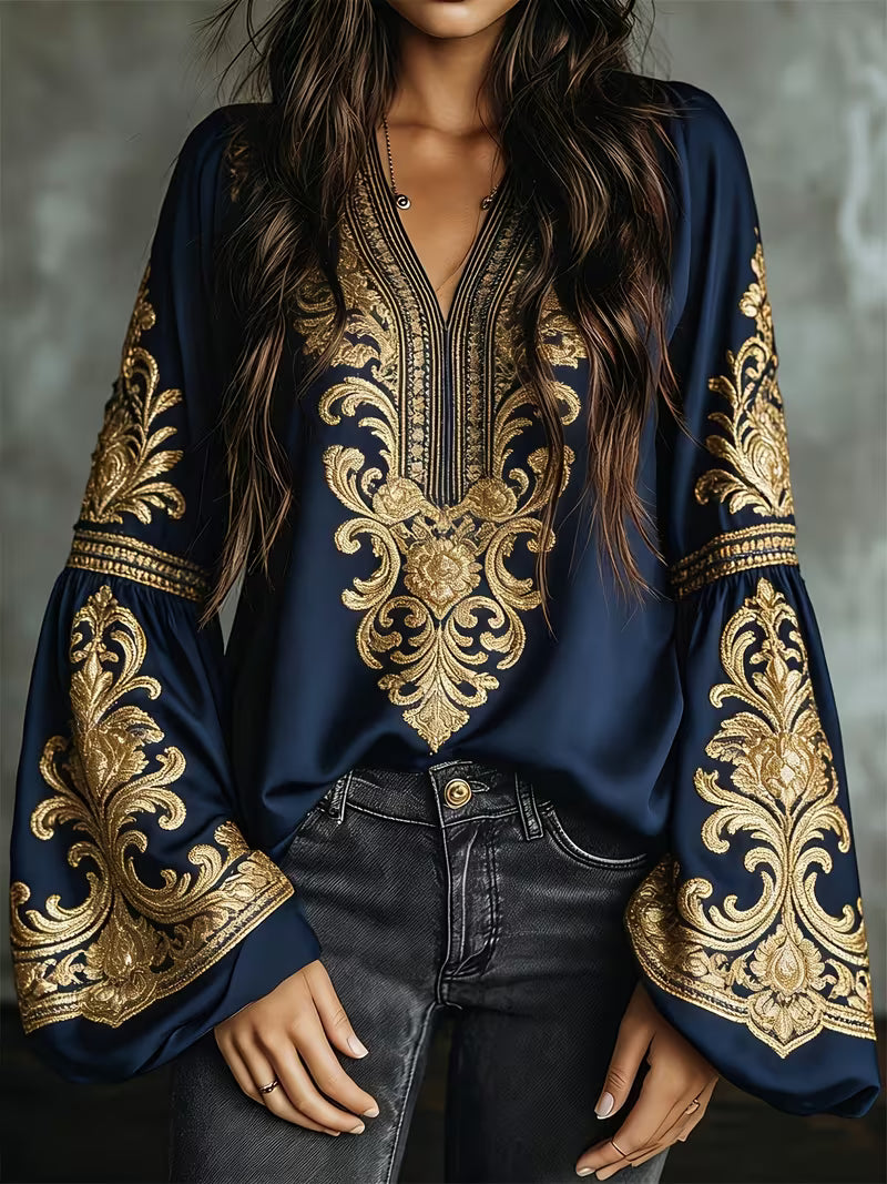 Women's Luxury Baroque Embroidered V-Neck Blouse – Lantern Sleeve Vintage Shirt