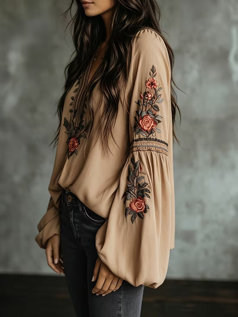 Women's Luxury Baroque Embroidered V-Neck Blouse – Lantern Sleeve Vintage Shirt