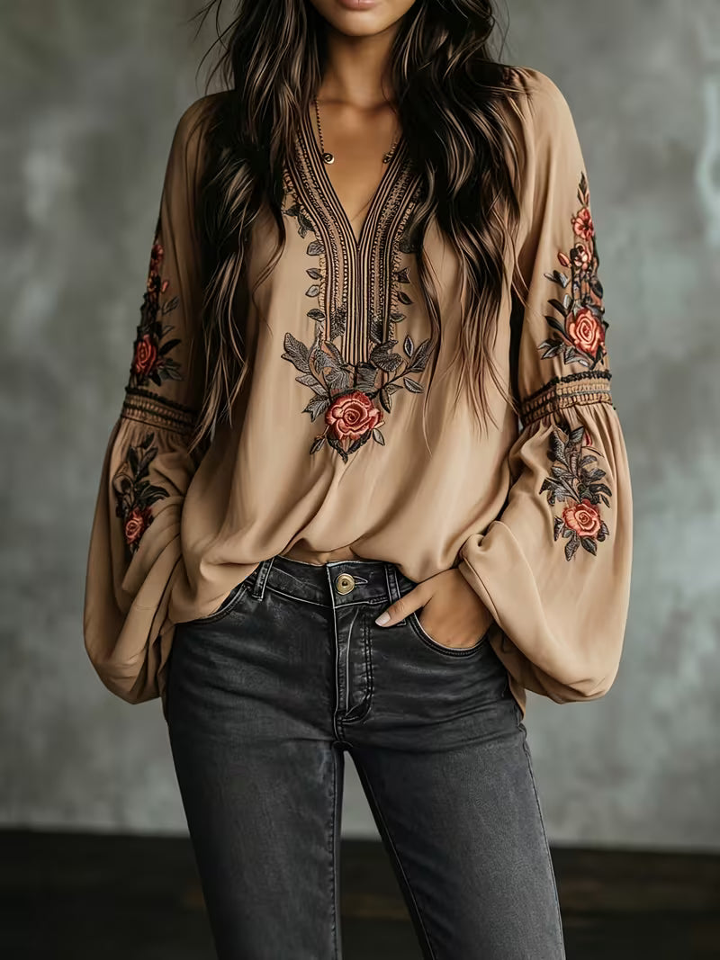 Women's Luxury Baroque Embroidered V-Neck Blouse – Lantern Sleeve Vintage Shirt